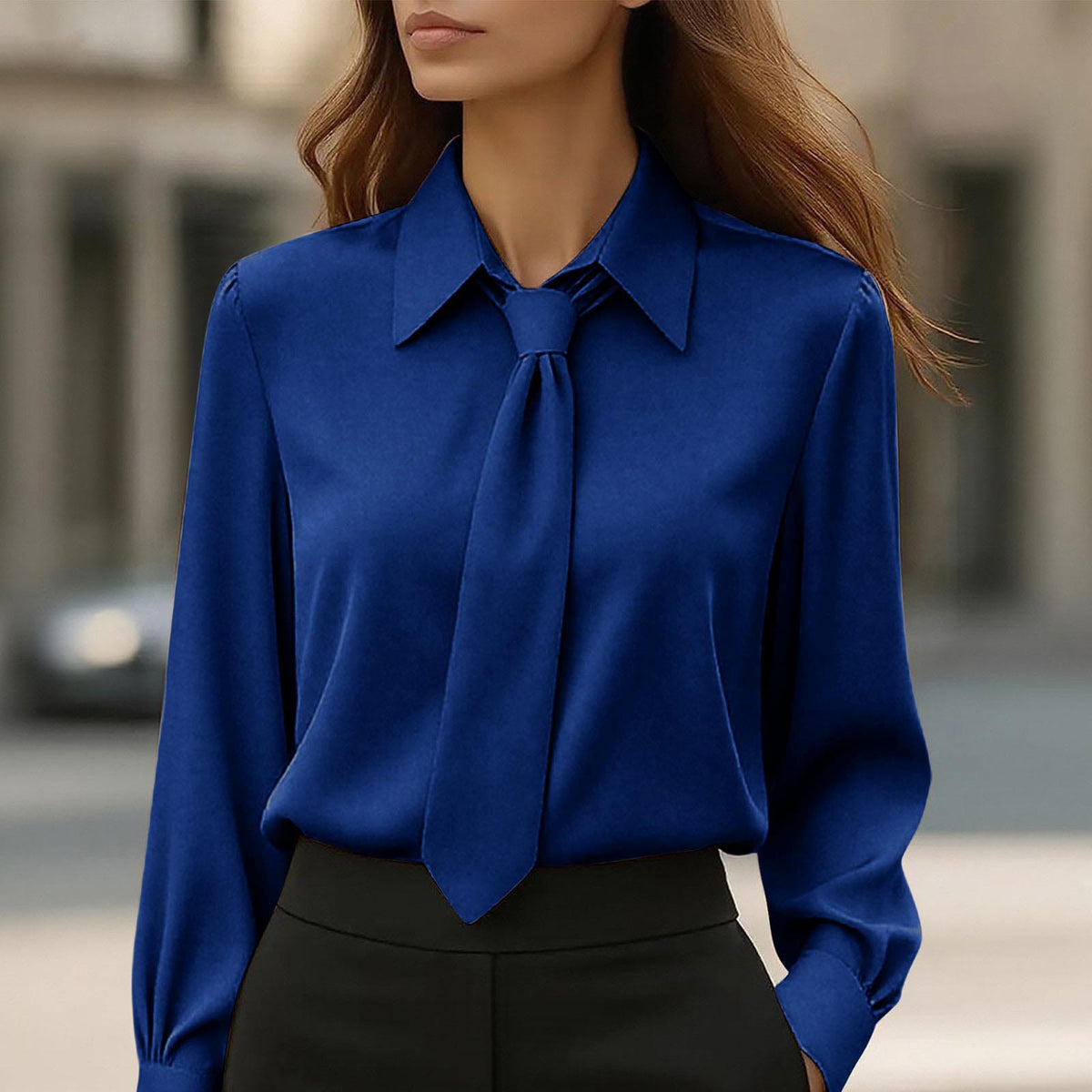 Womens Solid-Color Casual Tie Long-Sleeve French-Collar Shirt by Ricaloux