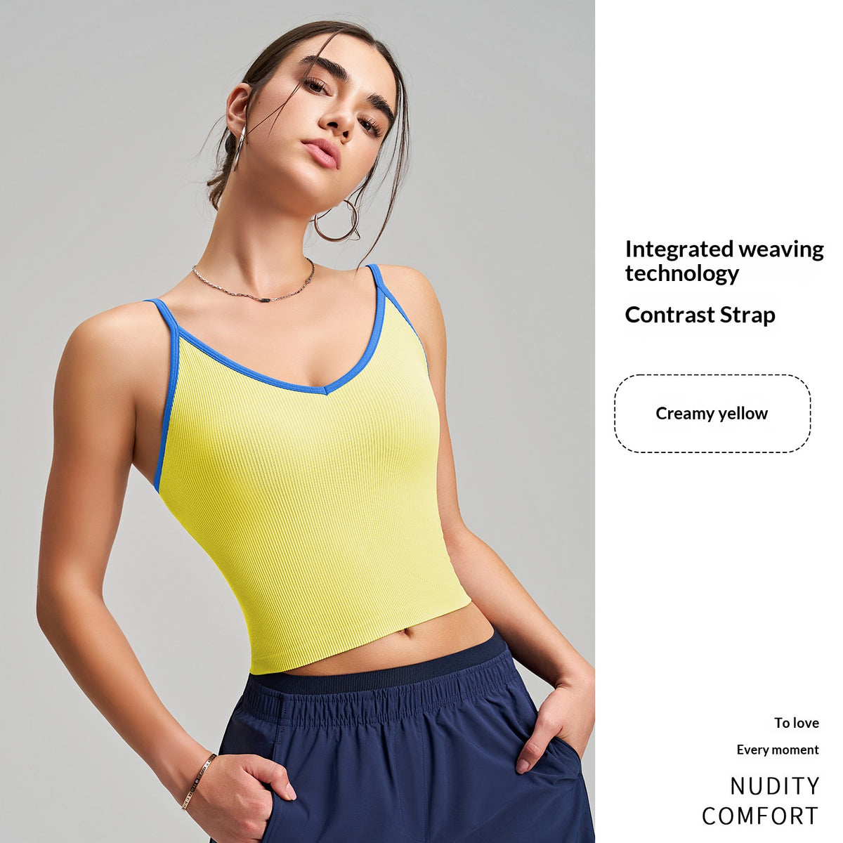 Color-block V-neck Camisole With Built-in Padded Cups, Color-block Straps, Wearable As Outerwear, Sports Tank Top For Pilates And Yoga With Back-flattering Design by Ricaloux