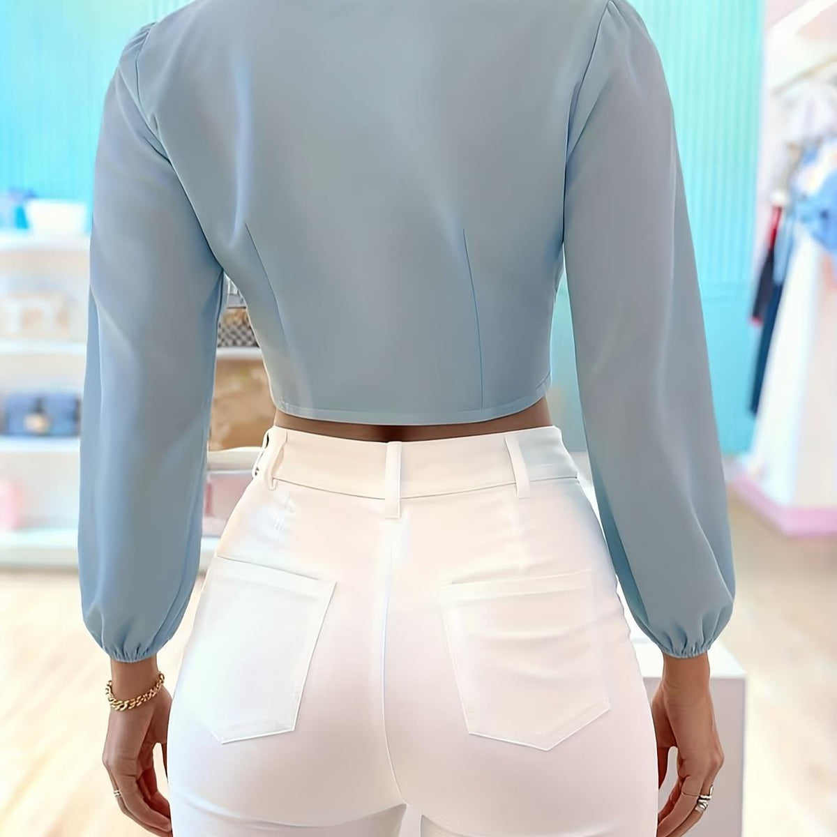 Long-sleeve Lace-up Casual Minimalist Cropped Blouse With Puff Sleeves – Premium 0 | RICALOUX