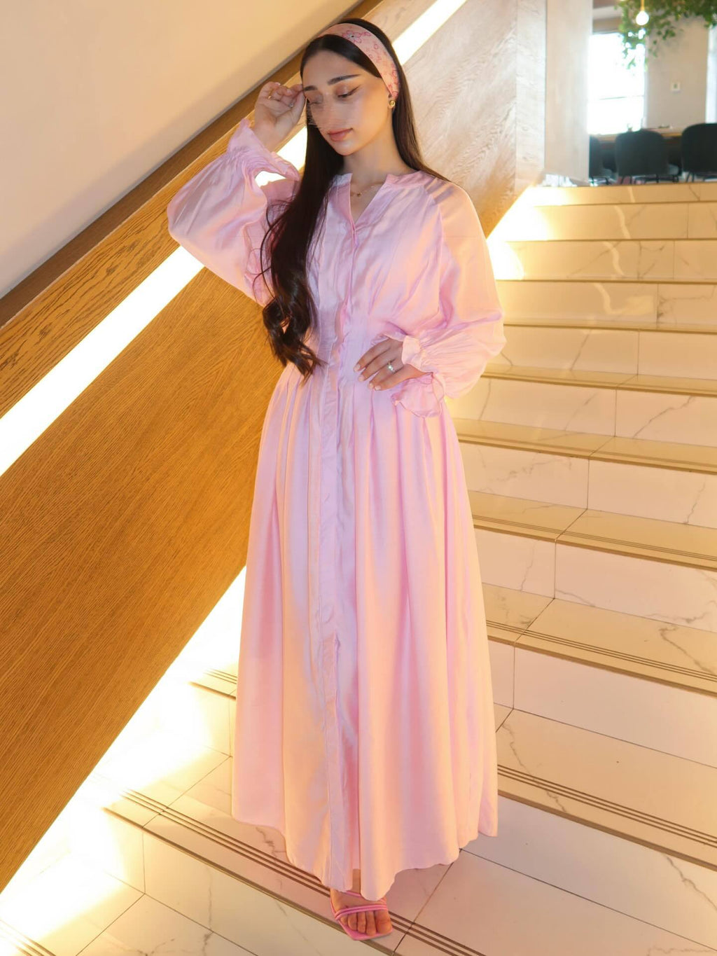 Puff Long Sleeve Gathered Waist Button Front Flowy Dress by Ricaloux