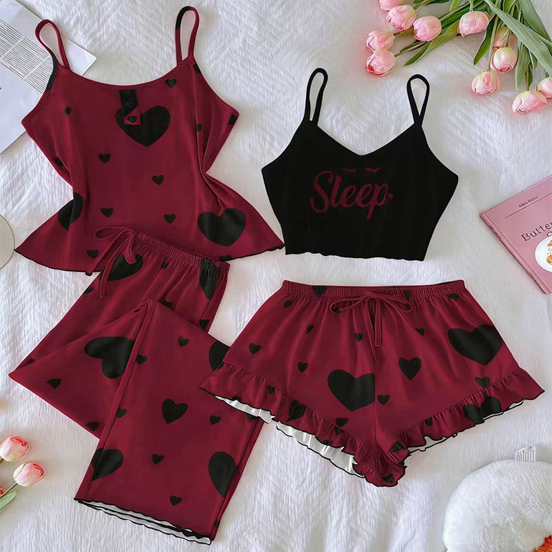 Printed Heart-Shape Camisole Long Pants And Shorts Four-Piece Set by Ricaloux