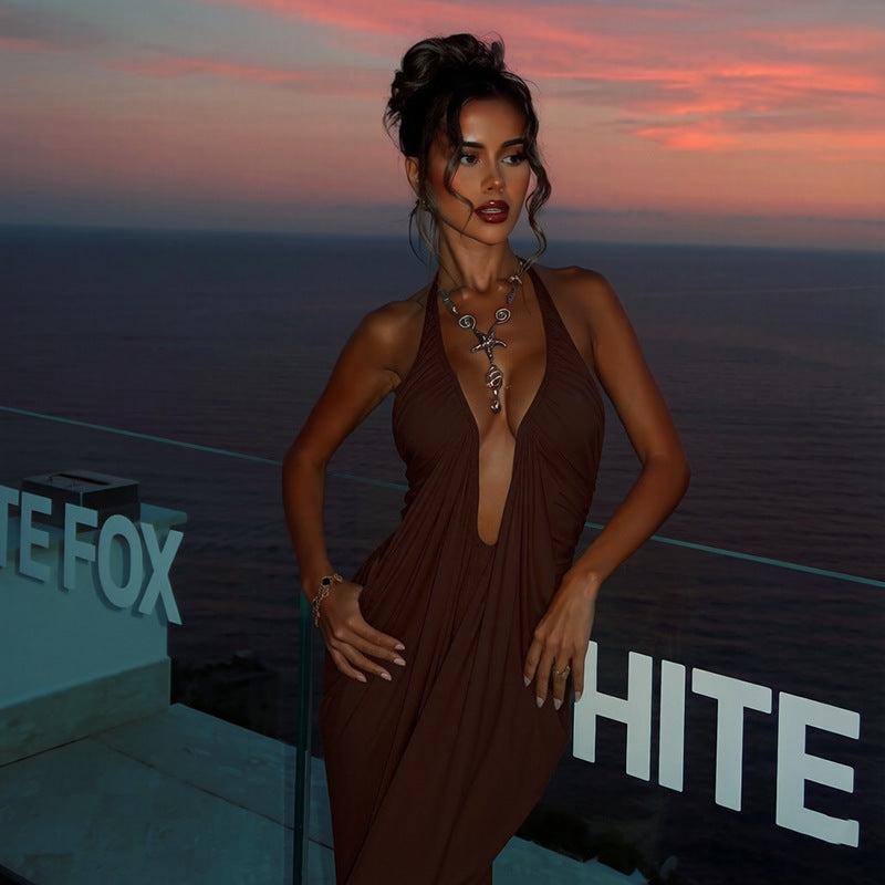 Womens SummerAutumn New Arrival Solid-Color Sexy Halter Deep-V Backless Dress by Ricaloux