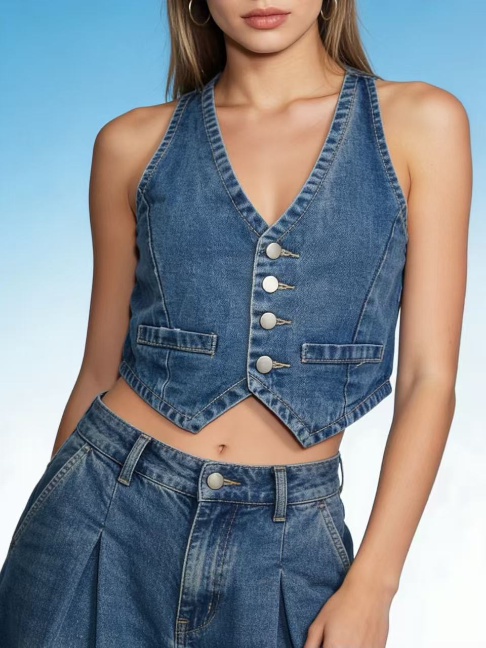 Womens Retro Casual Fashion Denim Vest by Ricaloux