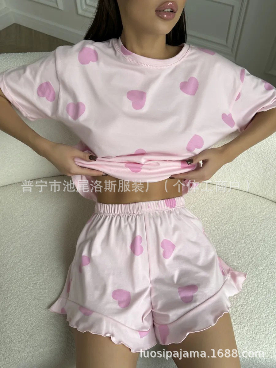 Heart-print Short-sleeve Pajama Set With Shorts by Ricaloux