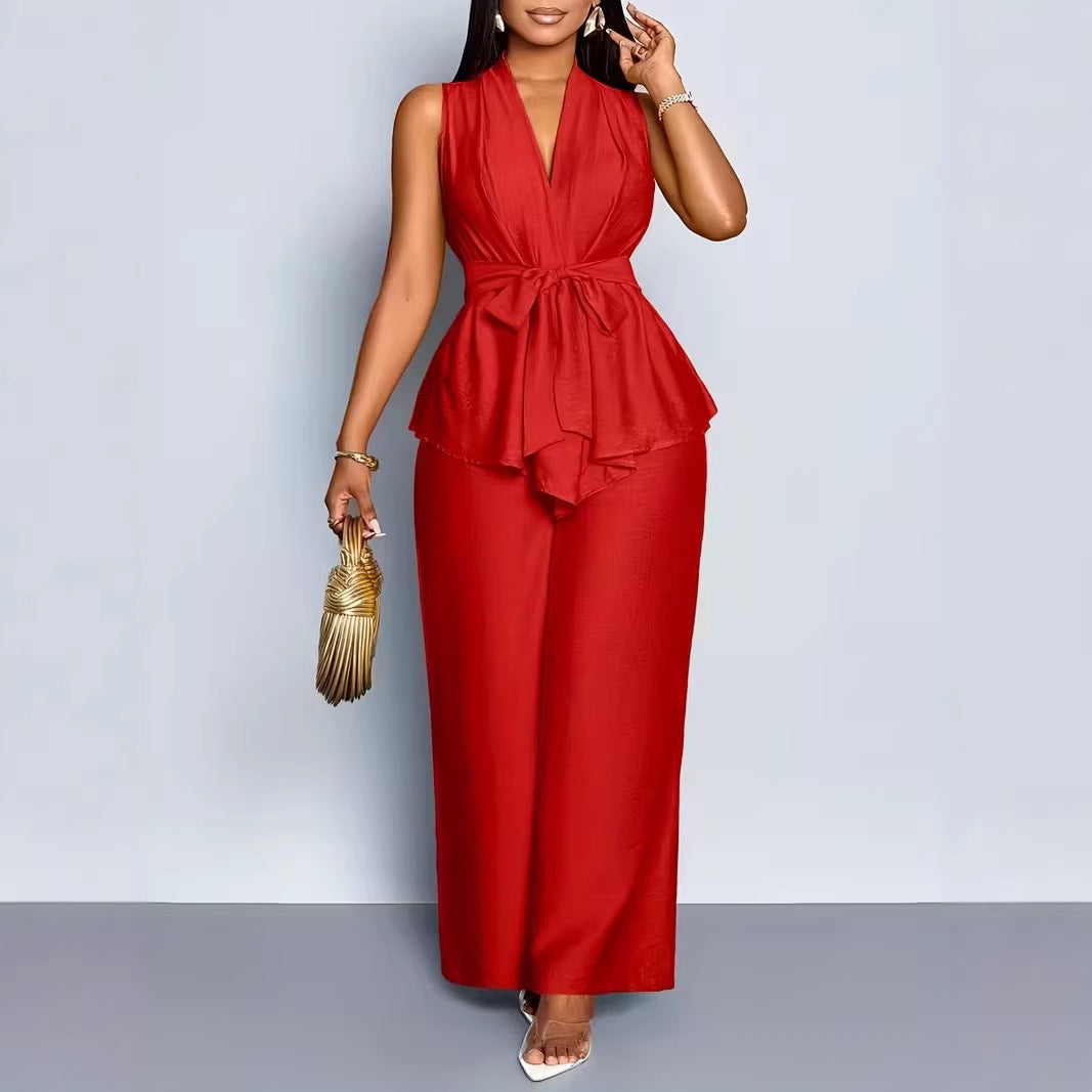 Womens V-neck Sleeveless Asymmetrical Top And Wide-leg Pants Set by Ricaloux