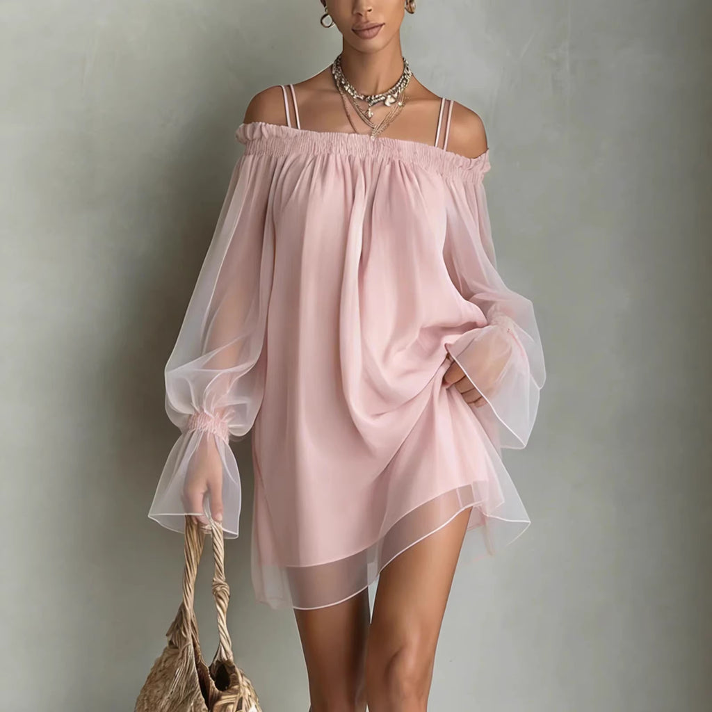 Sexy Sweet Double Strap Vestidos Off Shoulder Dress For Women Vestido Fairy Mini Loose Dresses Summer New Sheer Mesh Long Sleeve by Ricaloux