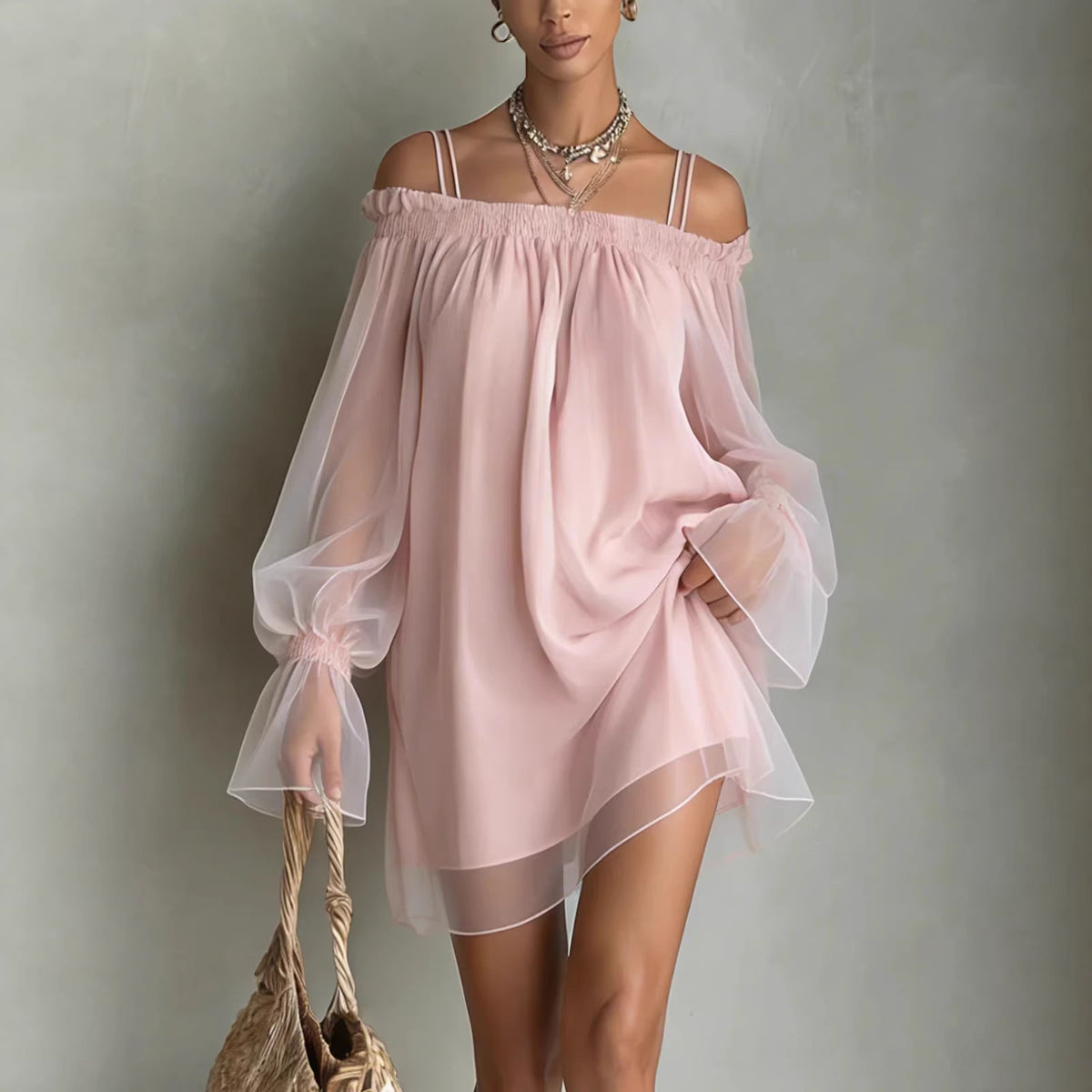 Sexy Sweet Double Strap Vestidos Off Shoulder Dress For Women Vestido Fairy Mini Loose Dresses Summer New Sheer Mesh Long Sleeve by Ricaloux