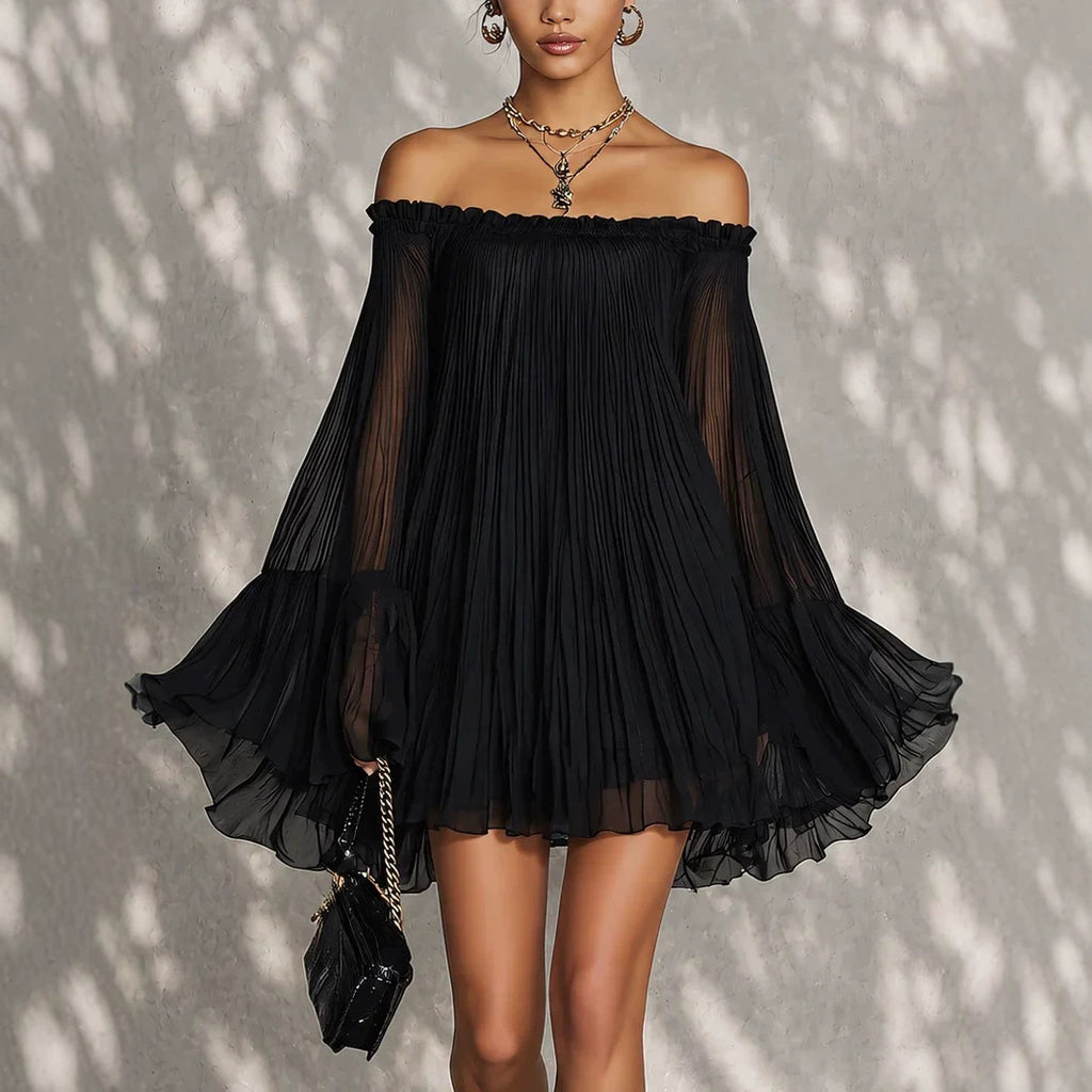 Lotus-Leaf Flared Long-Sleeve Sheer Dress – Premium 0 | RICALOUX