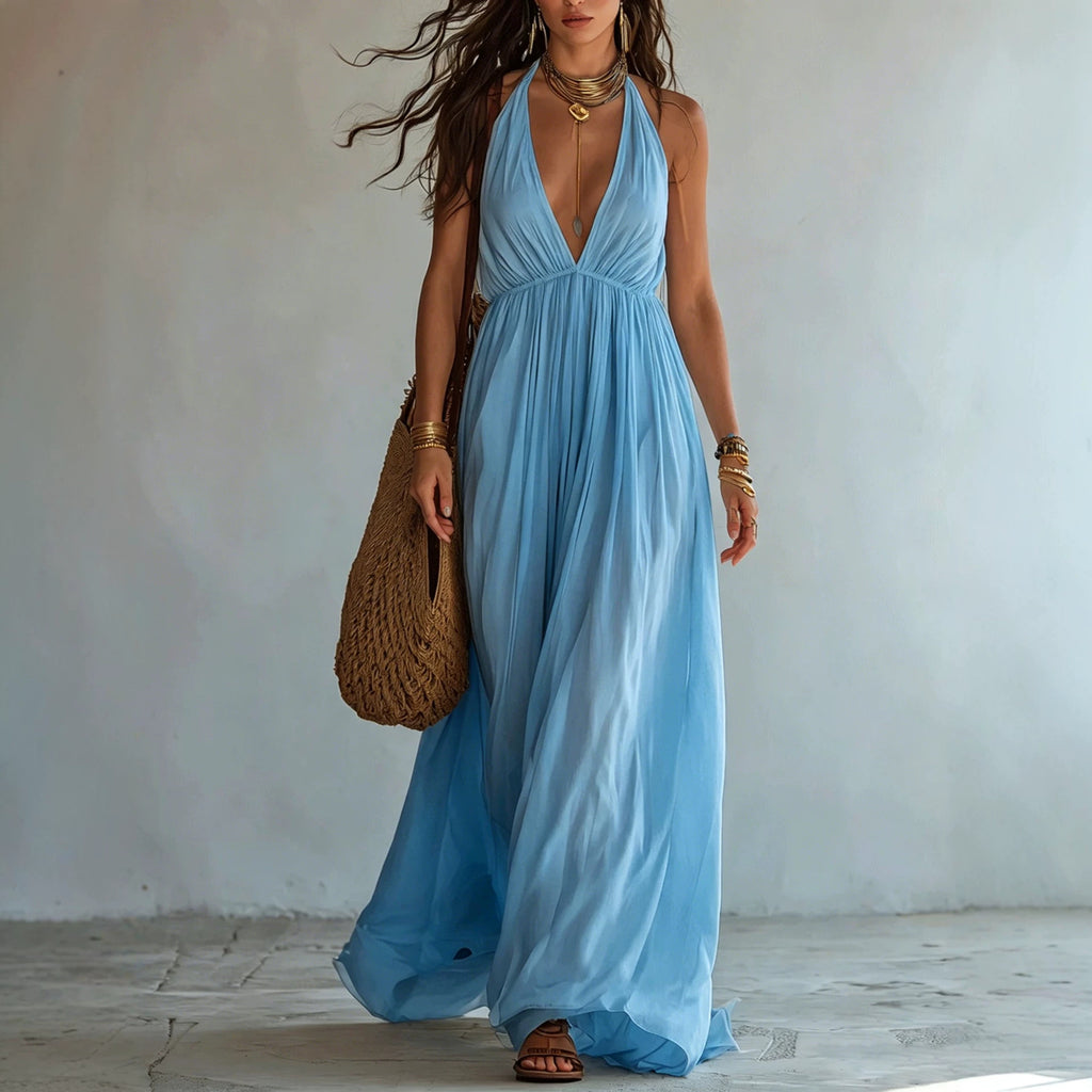 Deep V-neck Halter Backless Dress For Women by Ricaloux