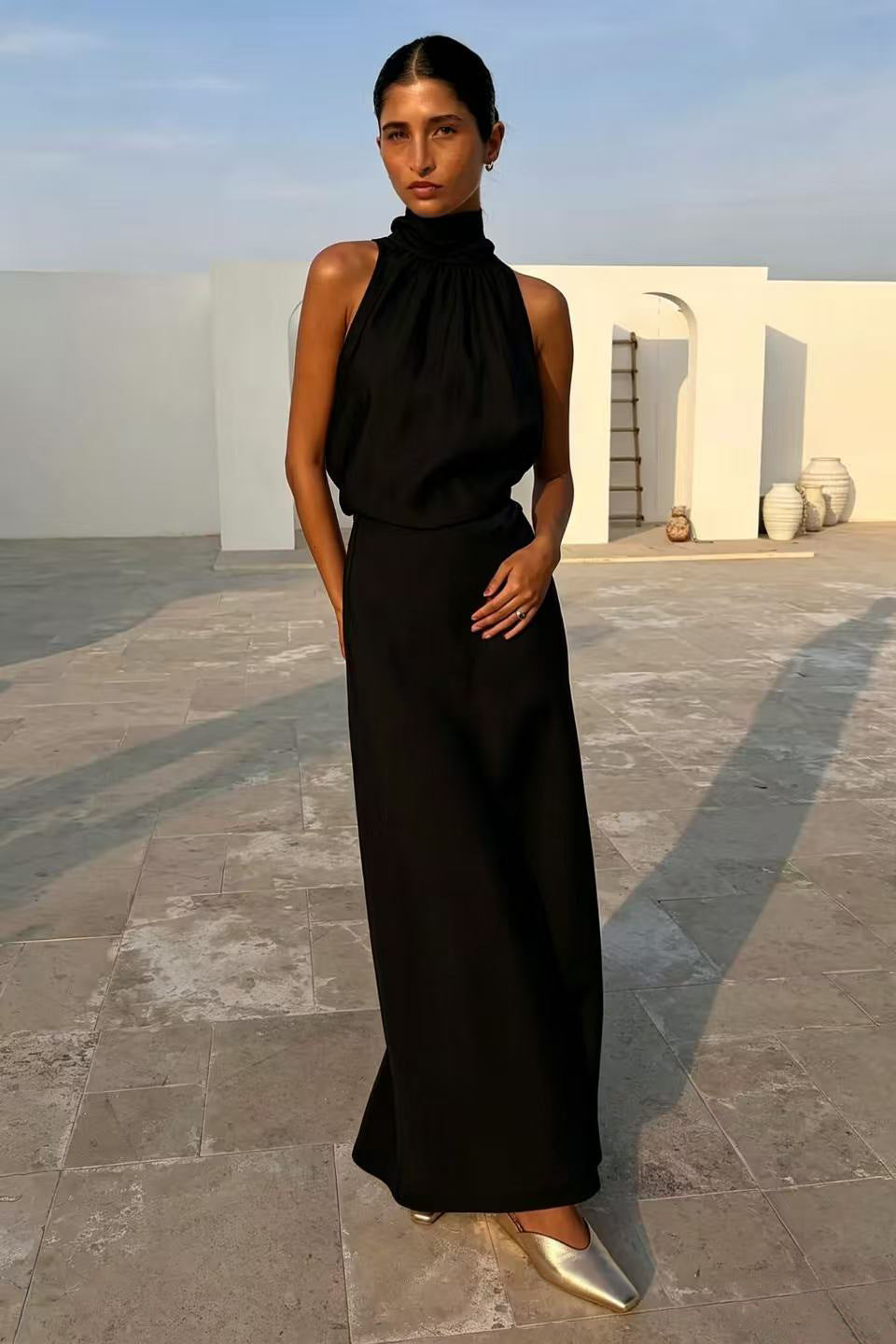SpringSummer Halterneck Sleeveless Top With Flowing Straps And High-Waisted Fishtail Midi Skirt Set – Premium 0 | RICALOUX