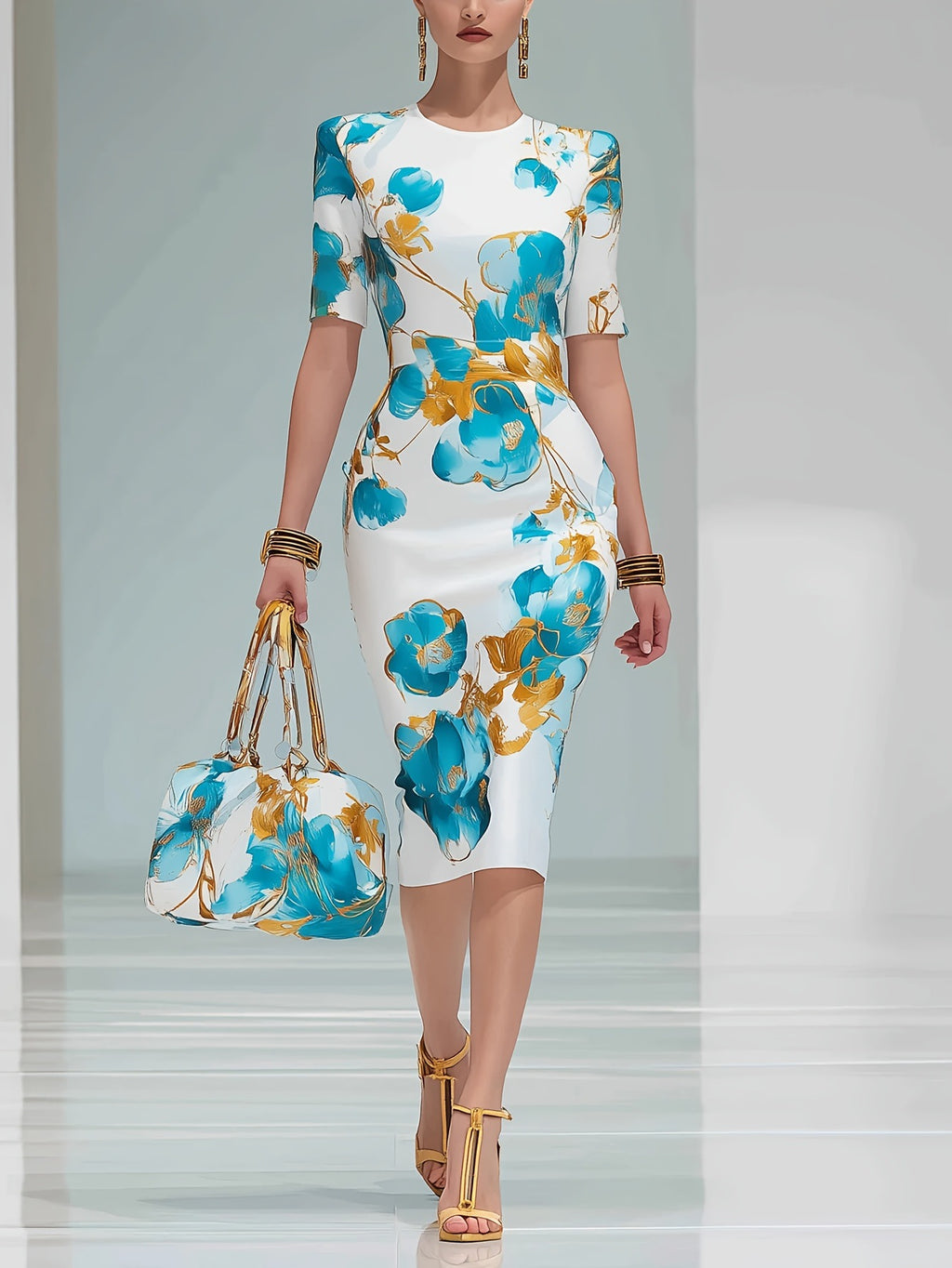 Lady's Elegant Floral Print Round-neck Dress by Ricaloux