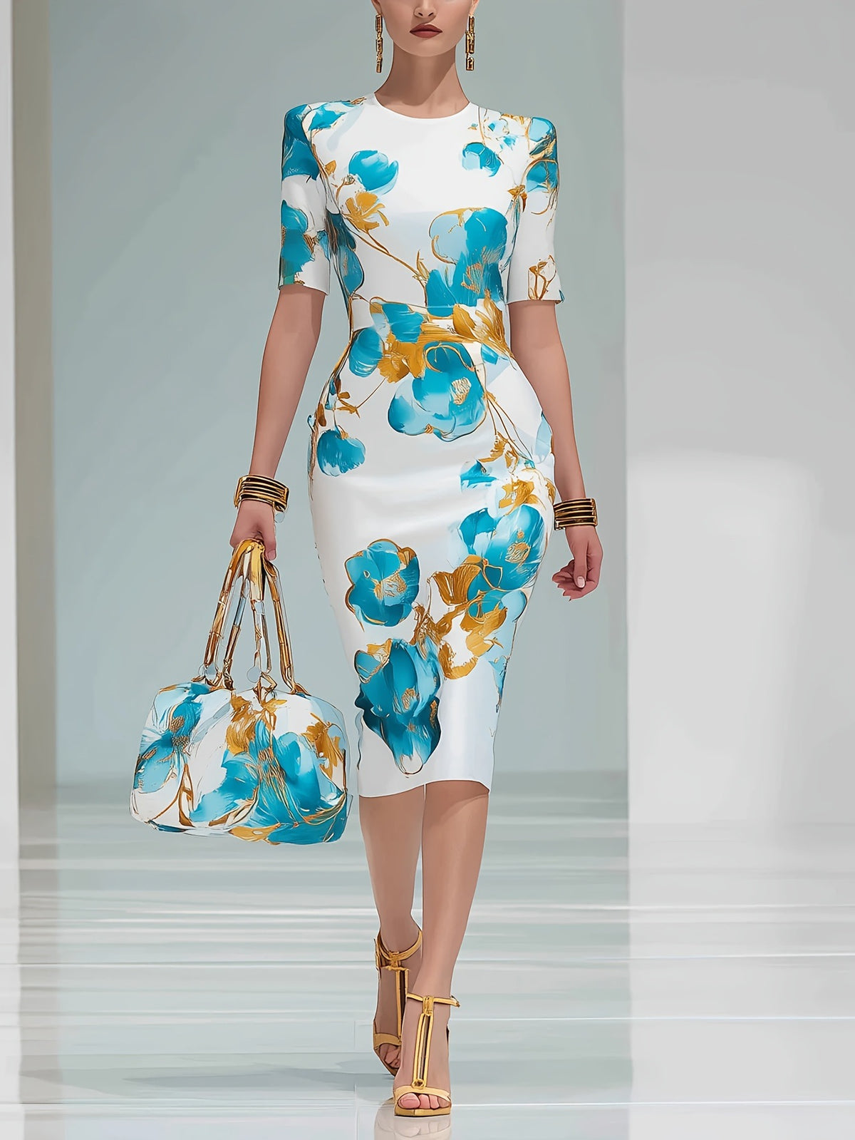 Lady's Elegant Floral Print Round-neck Dress by Ricaloux
