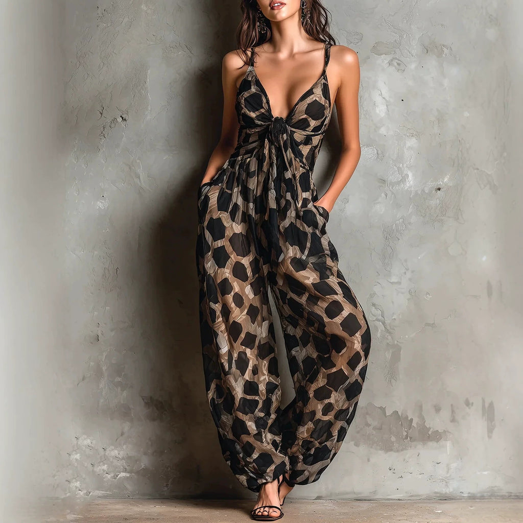 Retro Leopard Print Deep V-neck Tie-detail Strap Jumpsuit by Ricaloux