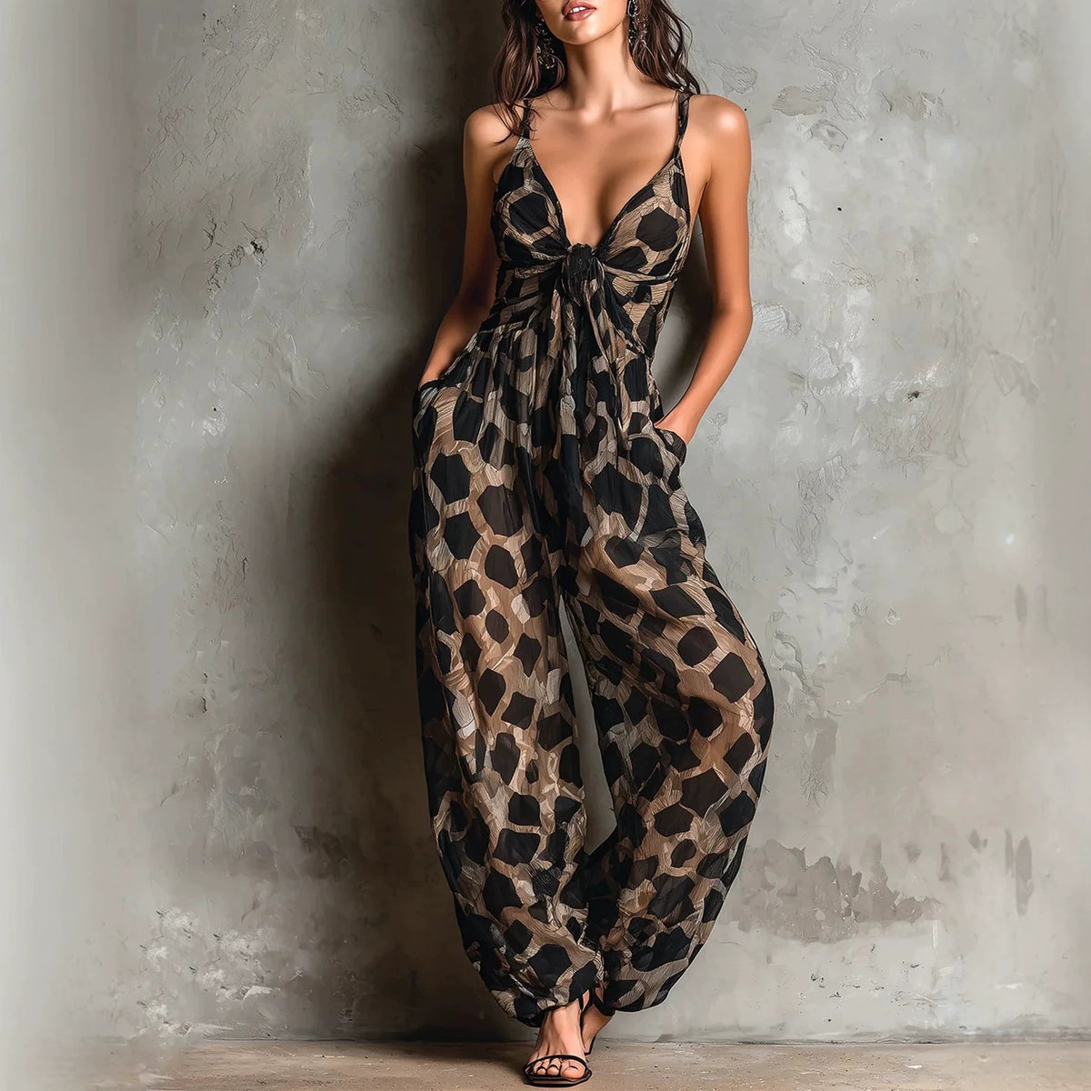 Retro Leopard Print Deep V-neck Tie-detail Strap Jumpsuit by Ricaloux