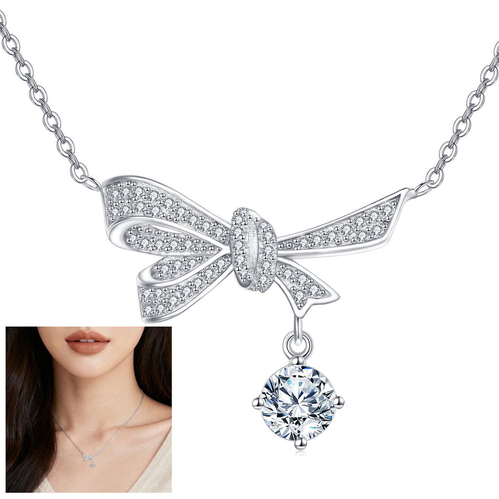 925 Sterling Silver Elegant Silver Bow Necklace With Dangling Moissanite Pendant Sparkling Charm - RICALOUX