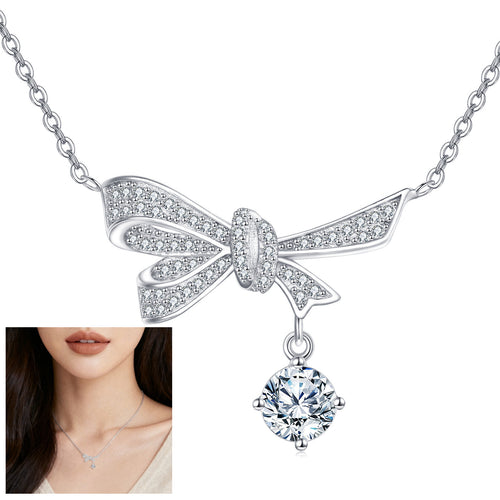 925 Sterling Silver Elegant Silver Bow Necklace With Dangling Moissanite Pendant Sparkling Charm - RICALOUX