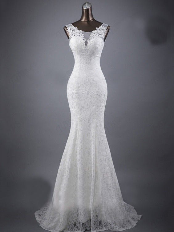 Lace slim and thin double shoulder tail wedding dress - RICALOUX