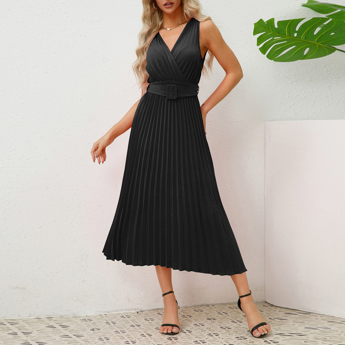 European And American V-neck Pleated Belt Dress - RICALOUX