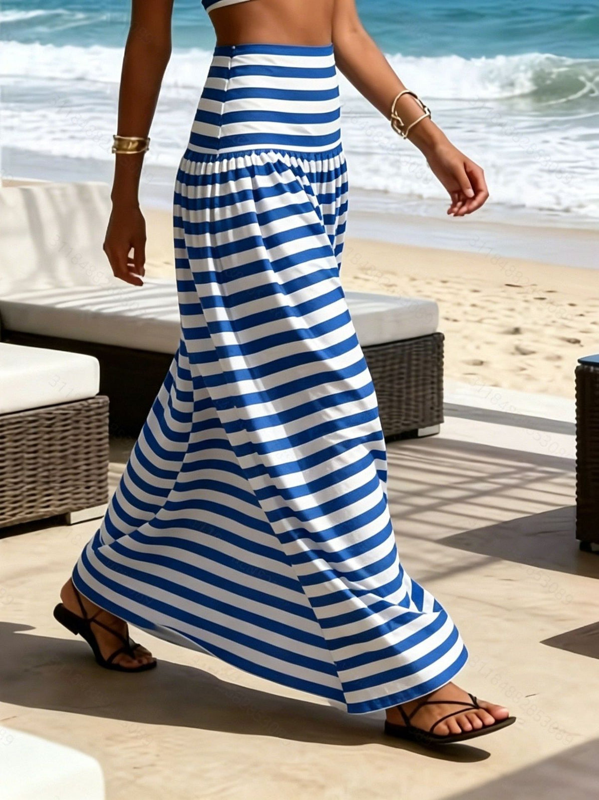 Striped High-waisted Flared Midi Skirt With A Beach Vacation Vibe – Premium 0 | RICALOUX
