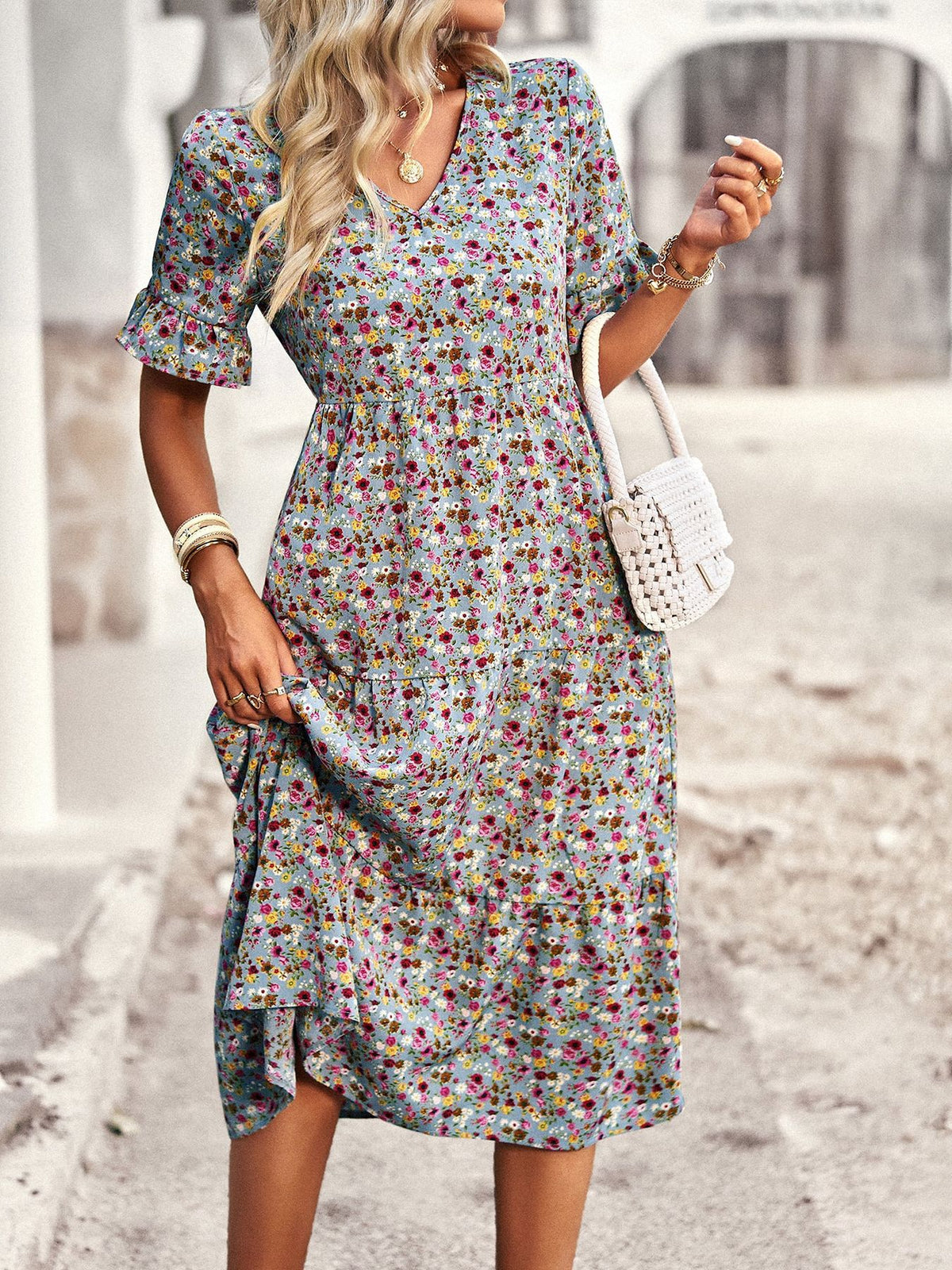 Casual Bohemian V-neck Short-sleeve Flowing Long Beach Dress by Ricaloux