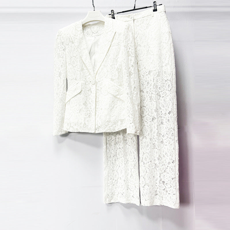 Floral Lace Single Button Blazer & High Waist Wide Leg Pants 2-Piece Suit Set by Ricaloux
