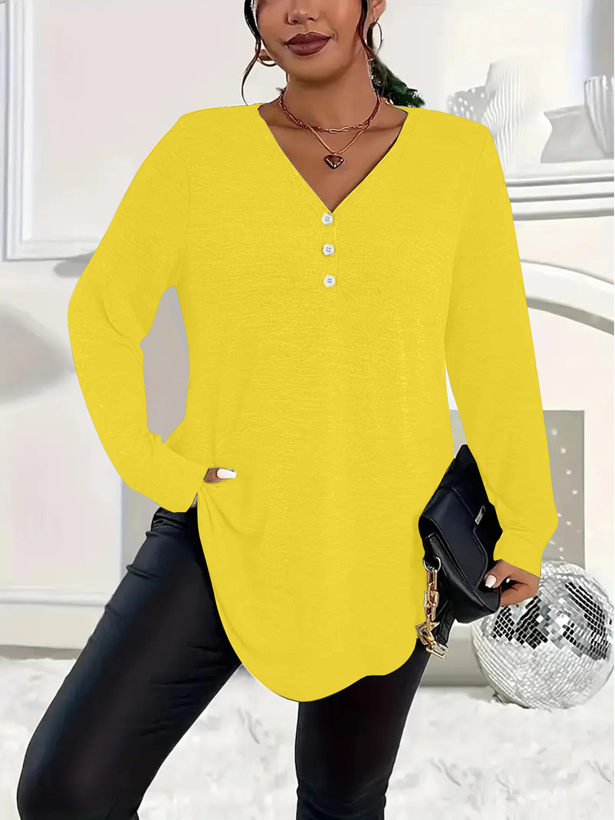 Womens Plus-Size Solid-Color Long-Sleeve Top With Buttons – Premium 0 | RICALOUX