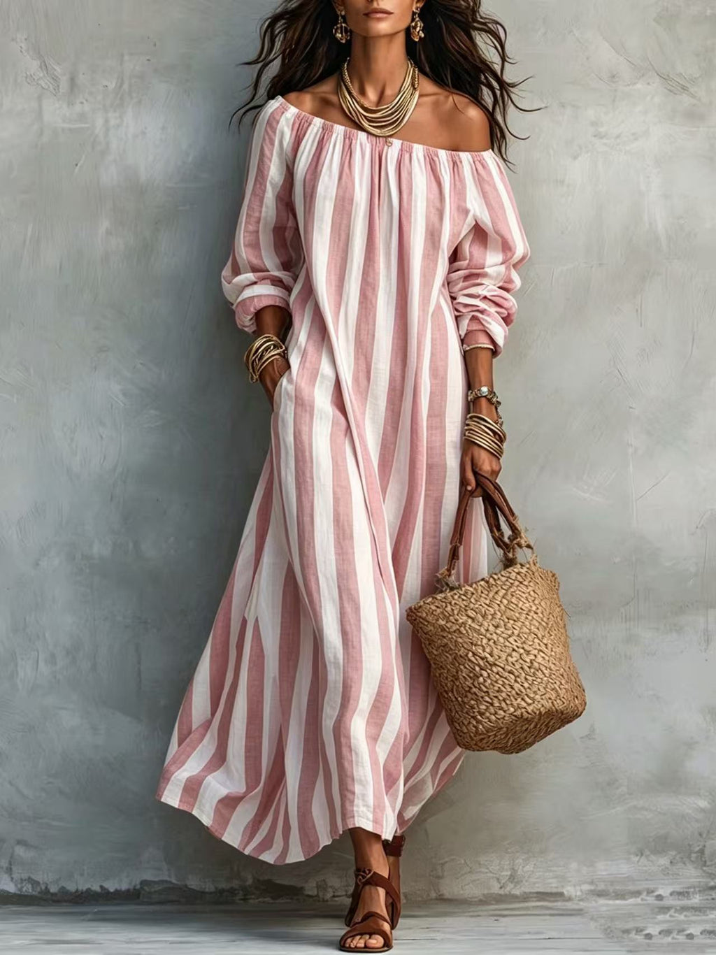 Striped Off Shoulder Vacation Dress by Ricaloux