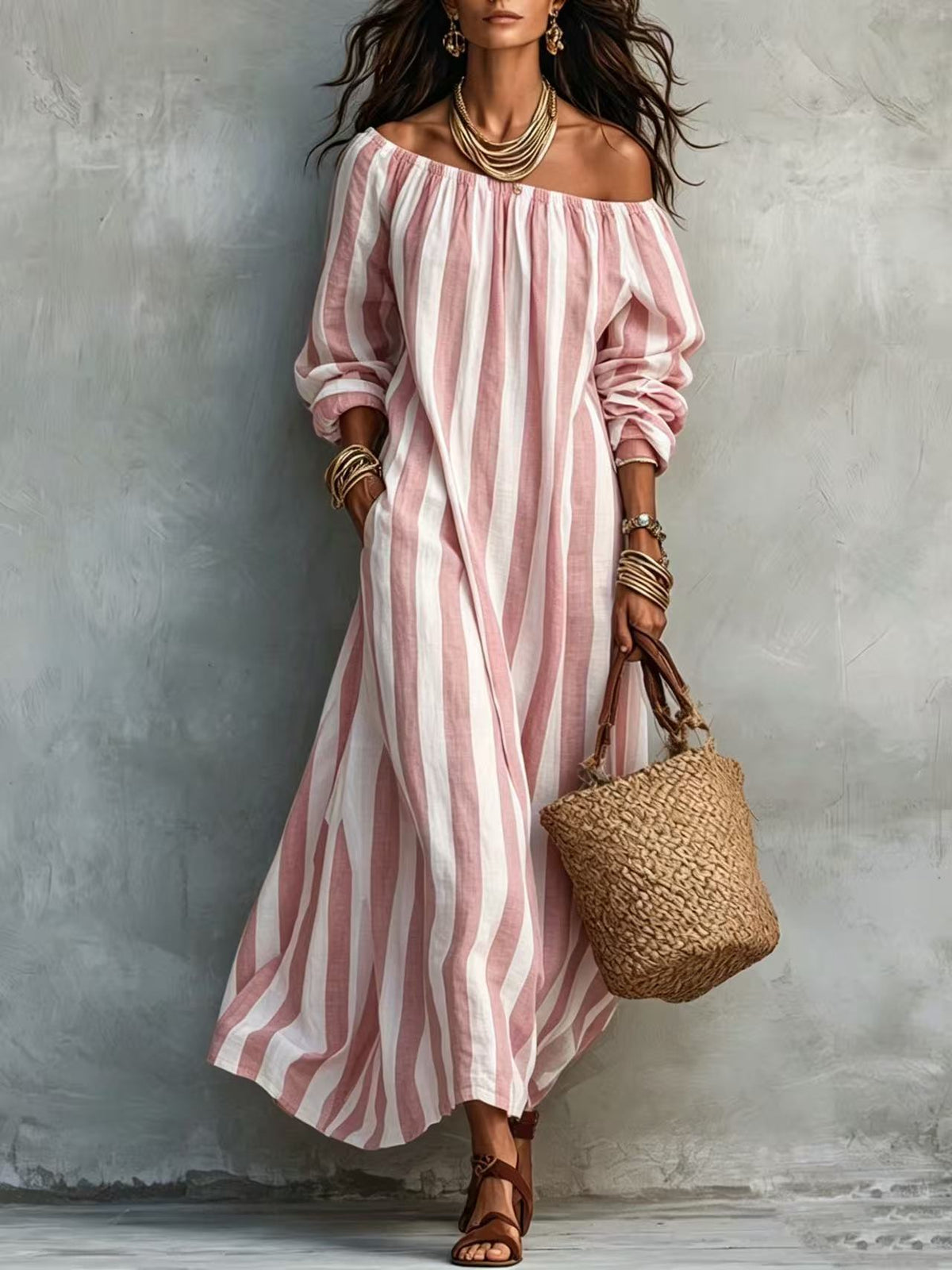 Striped Off Shoulder Vacation Dress by Ricaloux