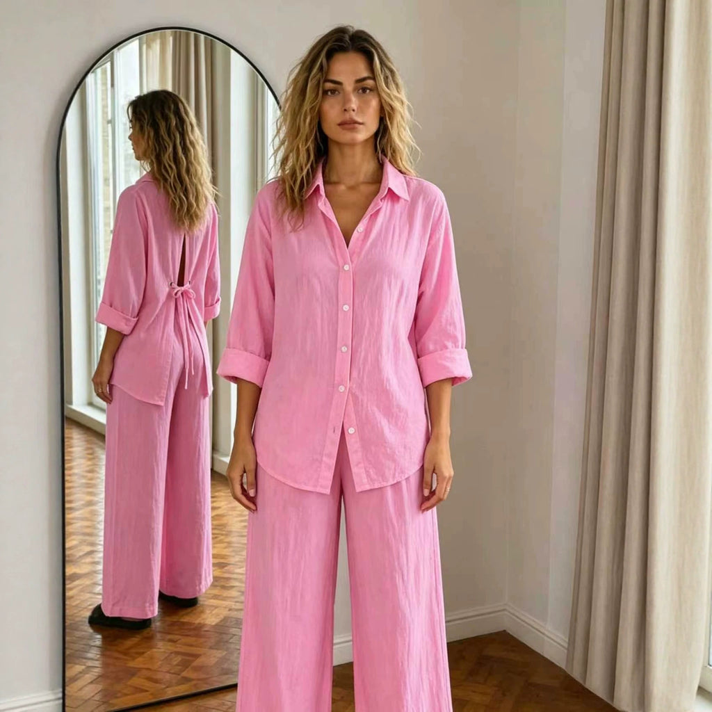 New Casual Solid-Color Trousers Summer Loose Single-Breasted Crepe Shirt Set by Ricaloux