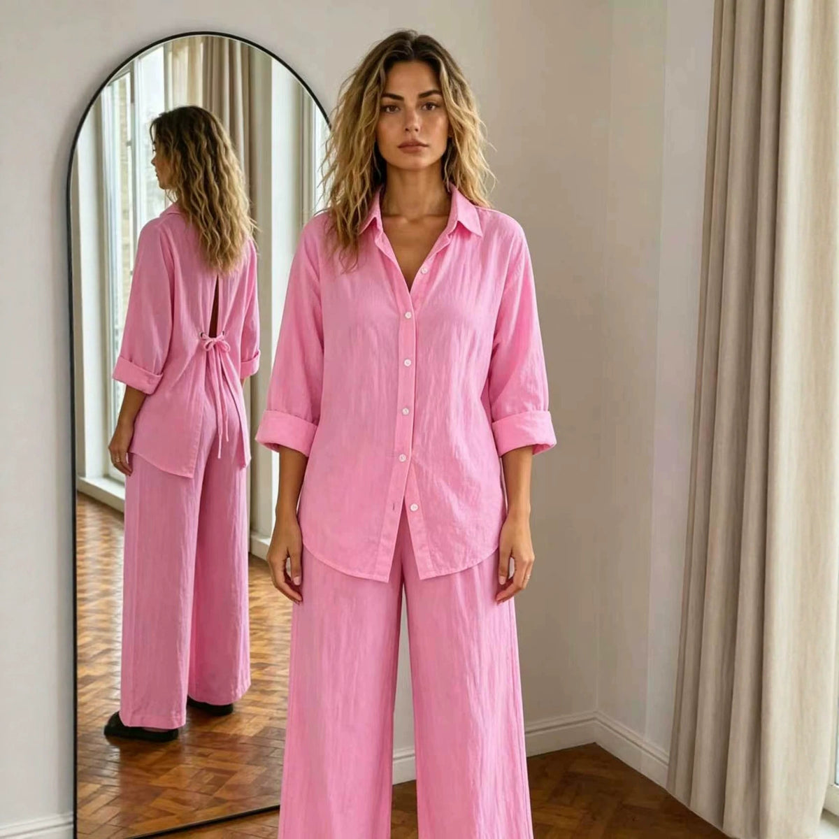 New Casual Solid-Color Trousers Summer Loose Single-Breasted Crepe Shirt Set by Ricaloux
