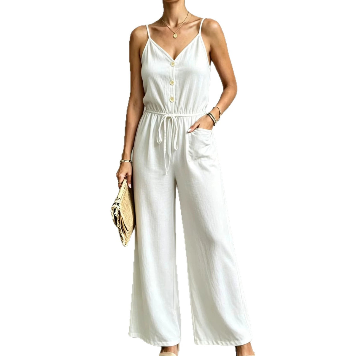 Womens Solid-color Casual Belted Strap Jumpsuit by Ricaloux
