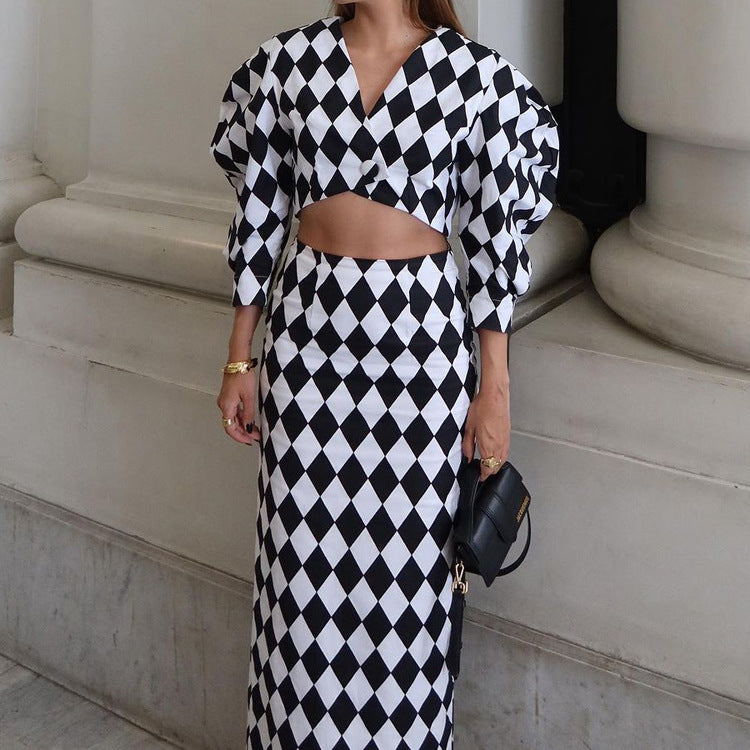 Diamond Check Puff Sleeve V-Neck Crop Top & High Waist Mermaid Maxi Skirt 2-Piece Co-Ord Set by Ricaloux
