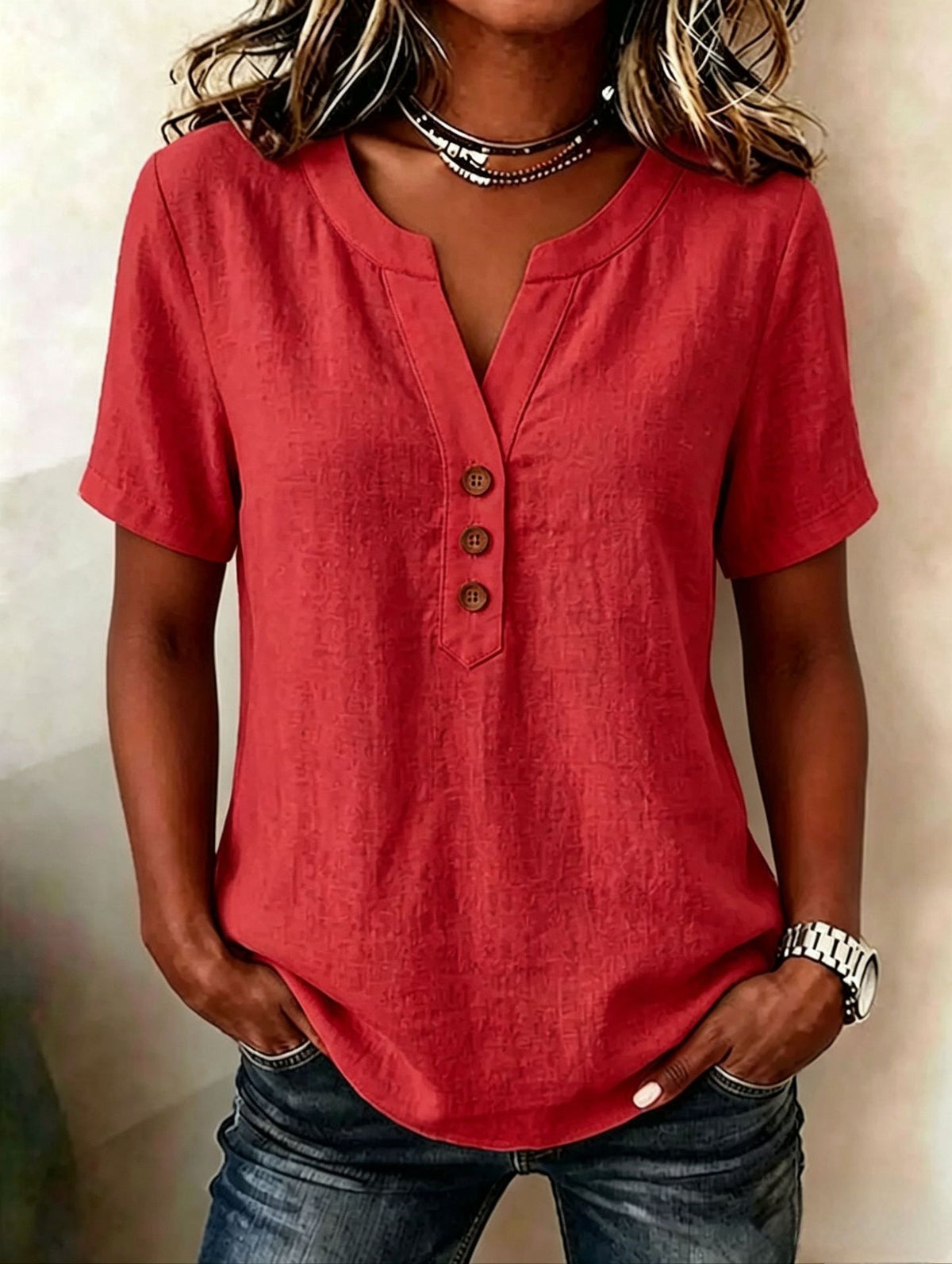 Casual Loose-fit Cotton-linen V-neck Button-up Top by Ricaloux