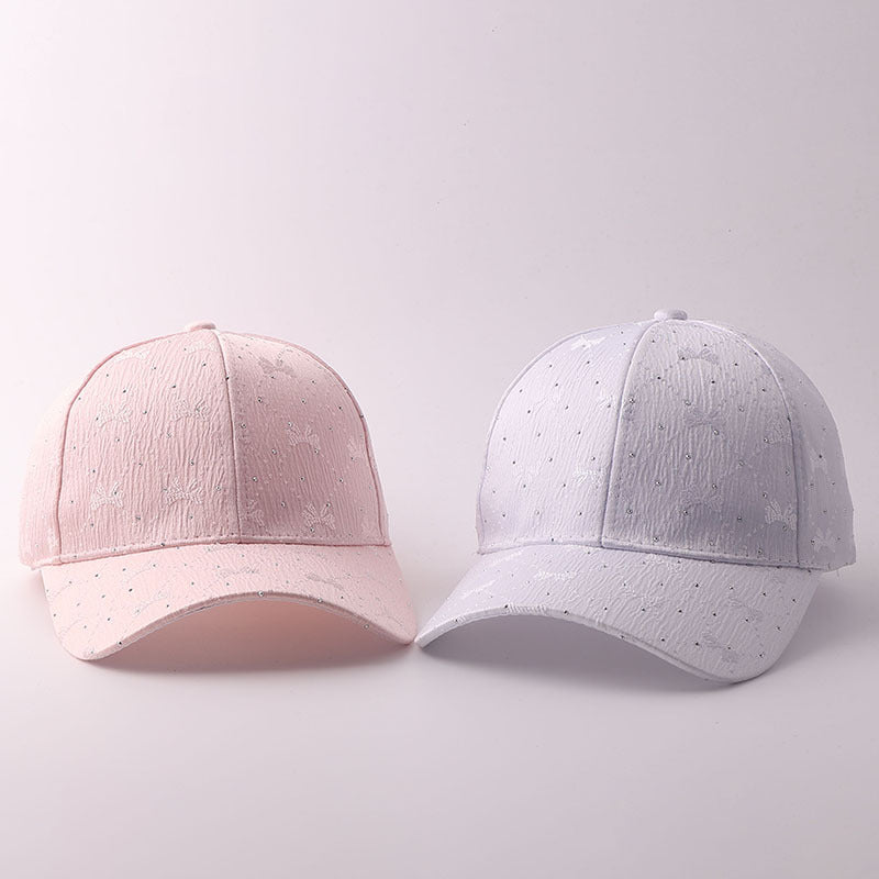 Korean-style Soft Style Bow Tie Rhinestone Baseball Cap With Textured Pleats And Breathable Brim Outdoor Versatile Hat For Outings With A Curved Brim by Ricaloux