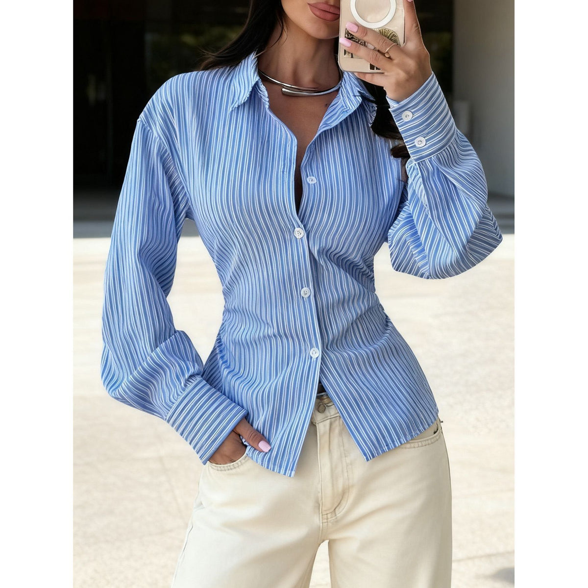 Womens French-style Long-sleeve Casual Versatile Loose-fit Striped Blouse by Ricaloux