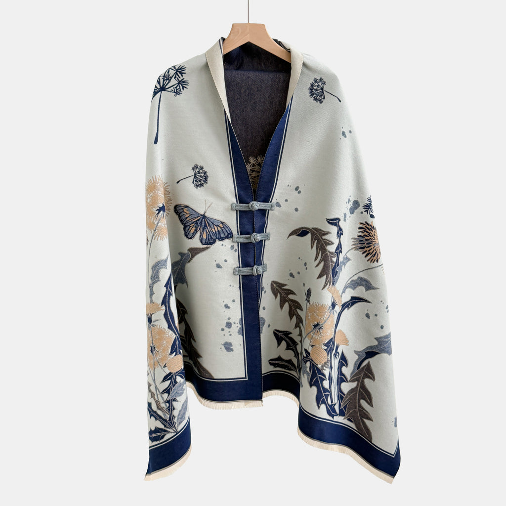 Vintage Knot-button Outerwear Jacquard Shawl by Ricaloux