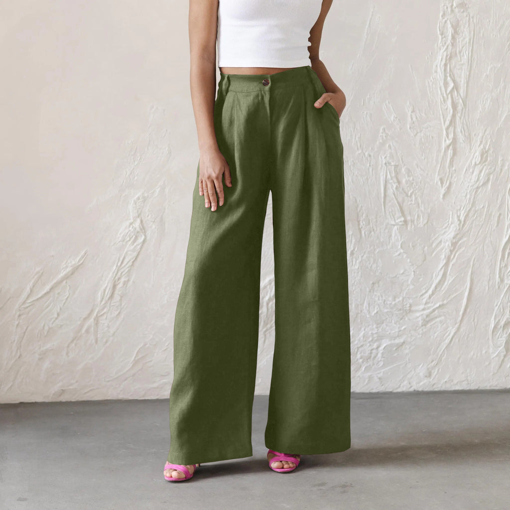 Womens Solid-Color High-Waisted Wide-Leg Pants Casual And Relaxed Fit Long Trousers – Premium 0 | RICALOUX