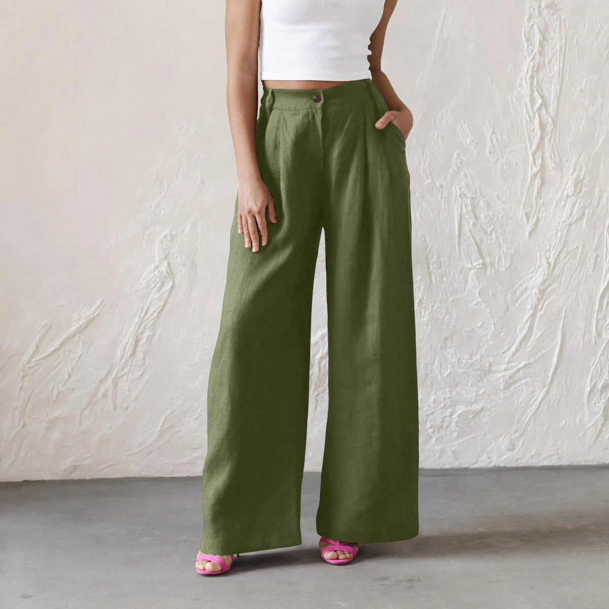 Womens Solid-Color High-Waisted Wide-Leg Pants Casual And Relaxed Fit Long Trousers – Premium 0 | RICALOUX