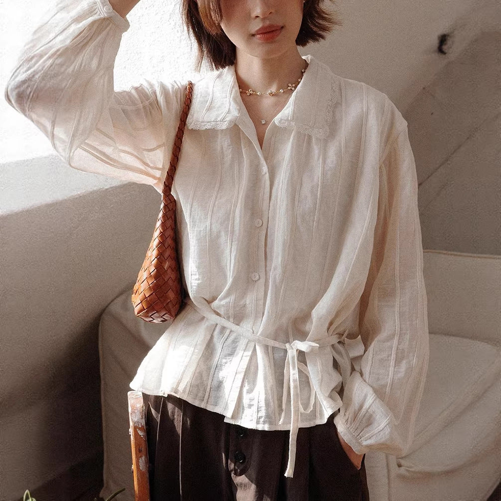 Womens Striped Jacquard Defined-Waist French-Style Shirt by Ricaloux