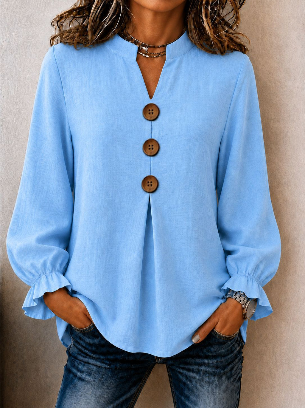 New Womens Fashion Long-sleeve V-neck Solid-color Button-up Top For Fall And Winter by Ricaloux