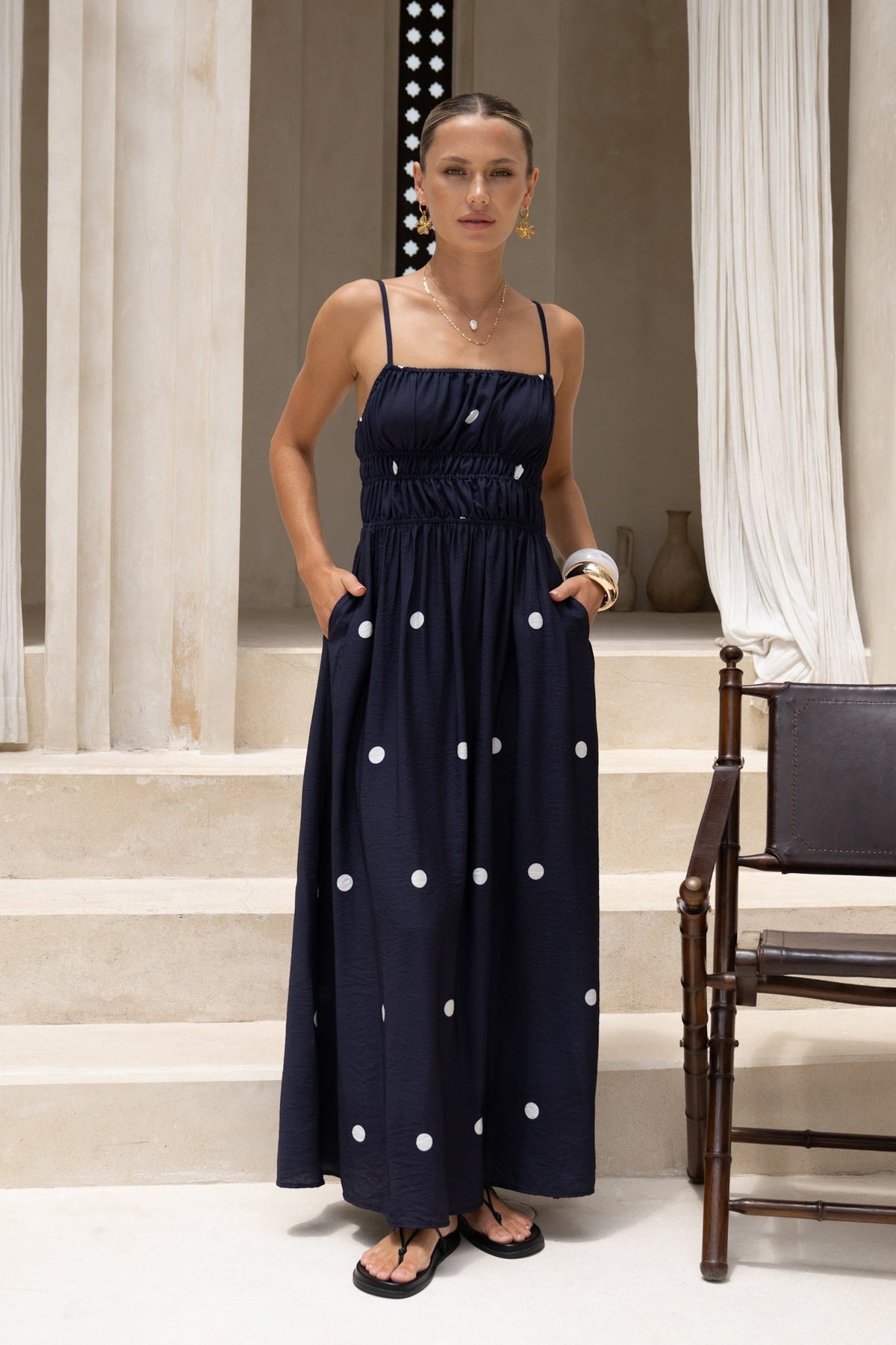 French Spaghetti Strap Ruched Bust White Polka Dot Flowy Maxi Dress by Ricaloux