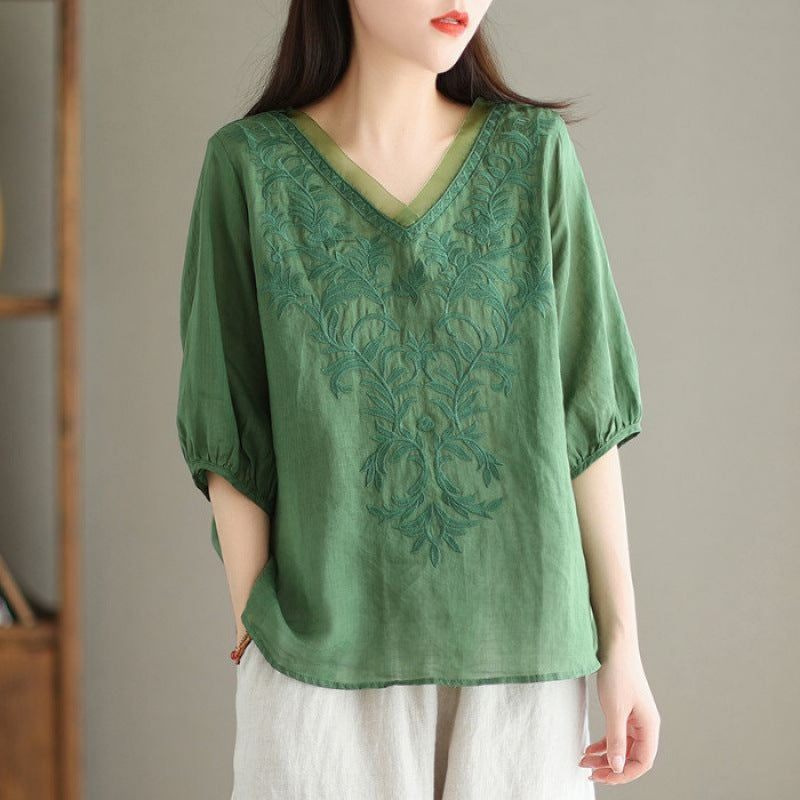 Embroidered Casual Versatile Lightweight High-end Cotton-linen Shirt by Ricaloux