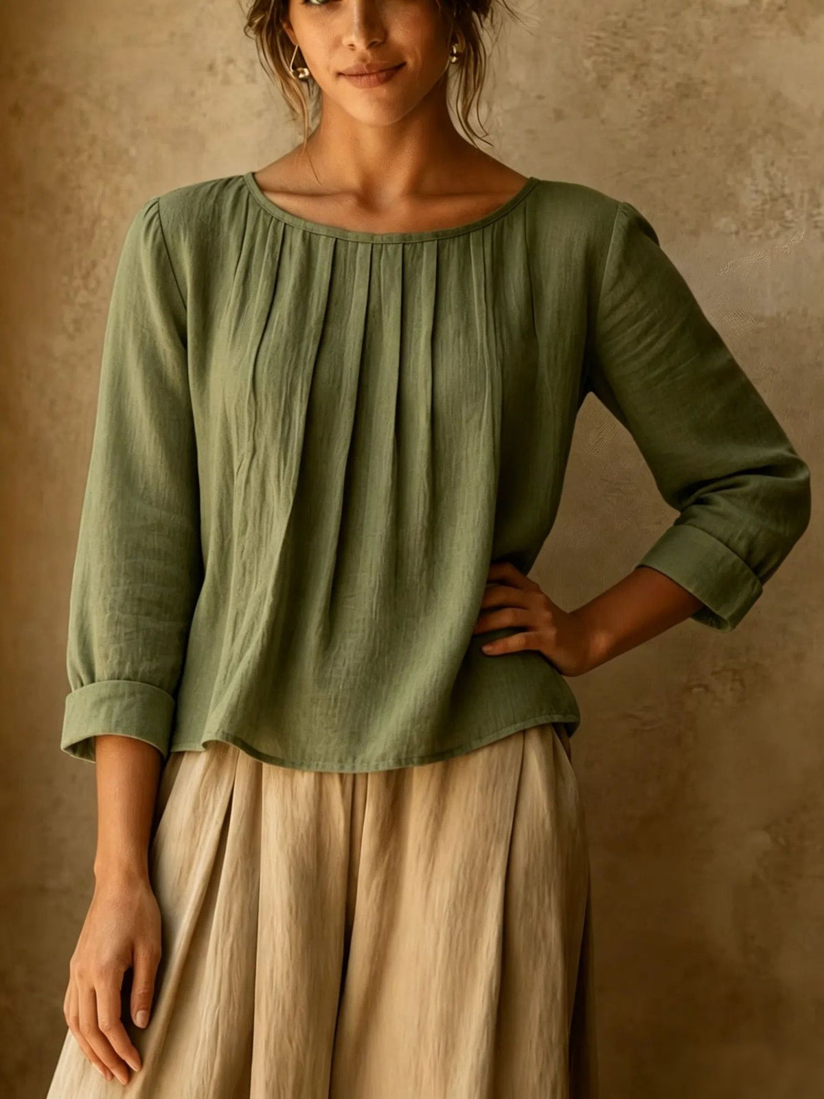 Womens Cotton-linen Top Loose-fit Round-neck Shirt by Ricaloux