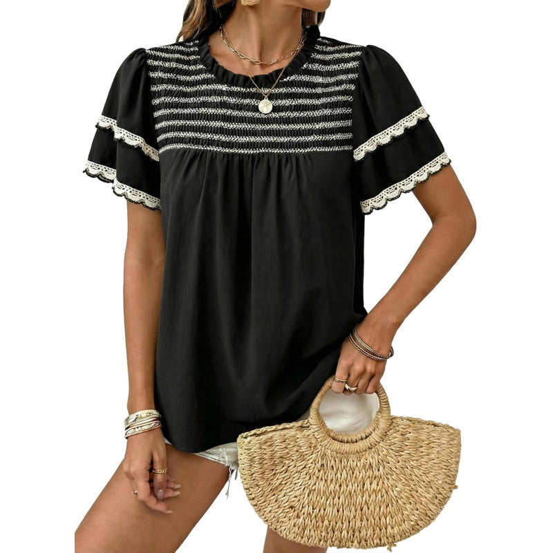 Womens Round-neck Ruffled Short-sleeve Blouse – Premium 0 | RICALOUX