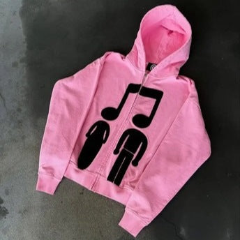 Printed Zip-Up Hoodie Loose-Fit Sweatshirt by Ricaloux