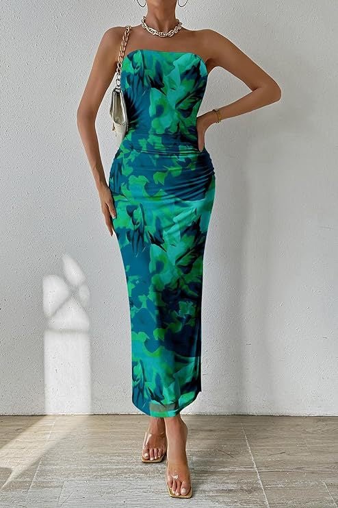Women's Clothing Slit Hemline At Hem Sleeveless Printed Dress - RICALOUX