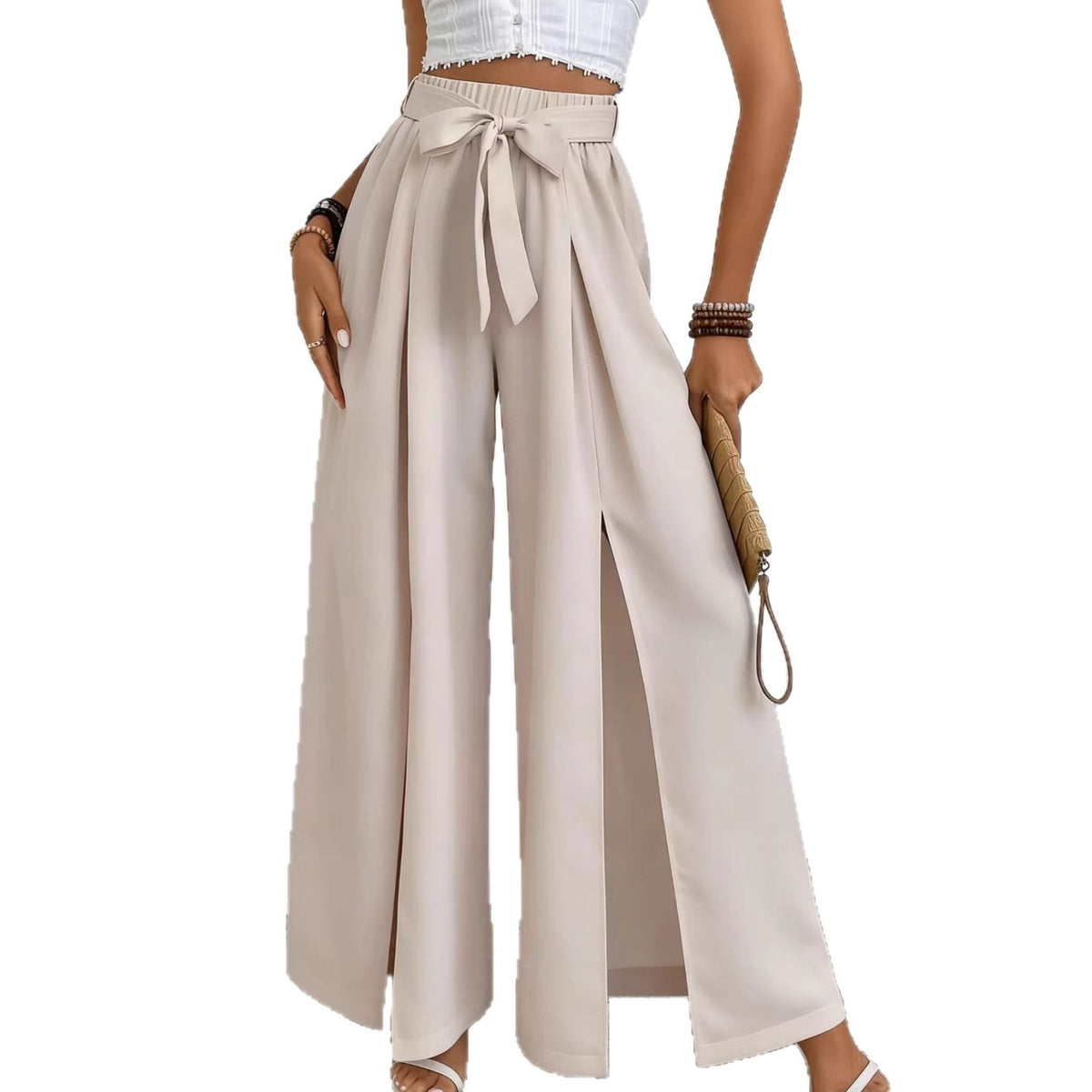 Summer New Solid-Color Casual Lace-Up Loose Womens High-Waisted Wide-Leg Long Pants by Ricaloux