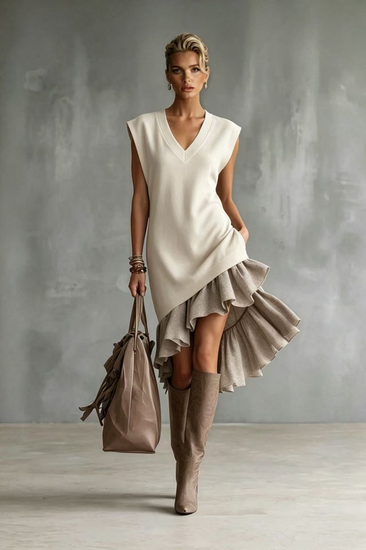 Solid-color Casual European-American Style Flounced Midi Skirt by Ricaloux