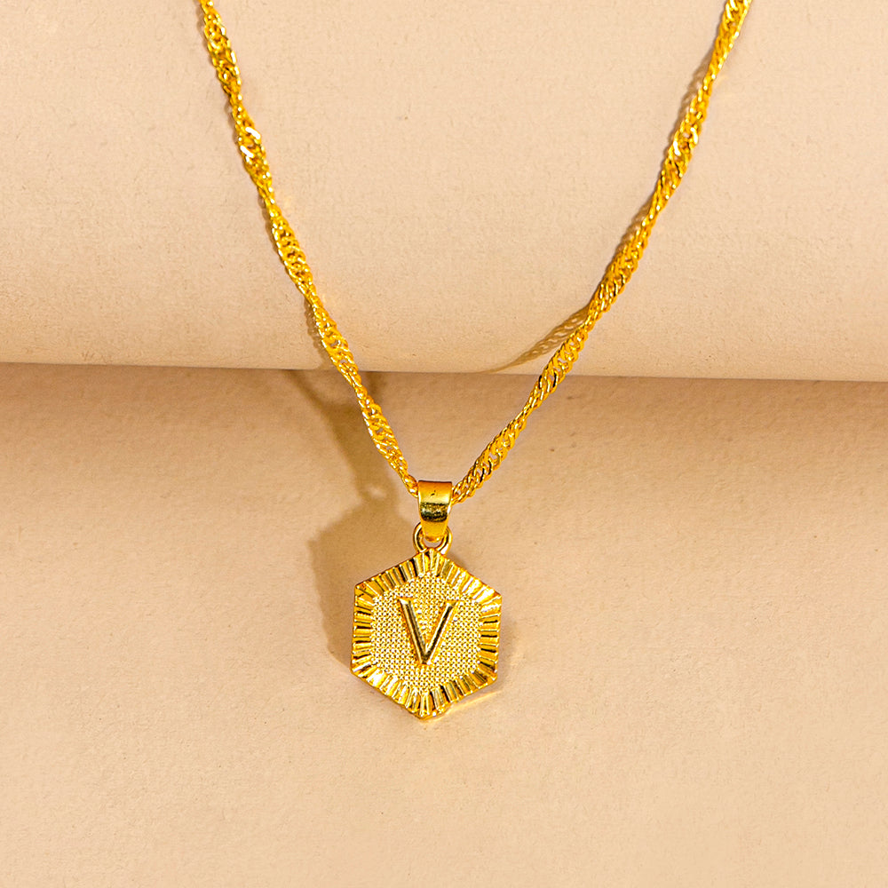 Initial Letter Hexagon Pendant Necklace For Women Jewelry by Ricaloux