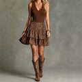 Casual Chic V-neck Dress, Solid-color With Leopard-print Panel Skirt by Ricaloux